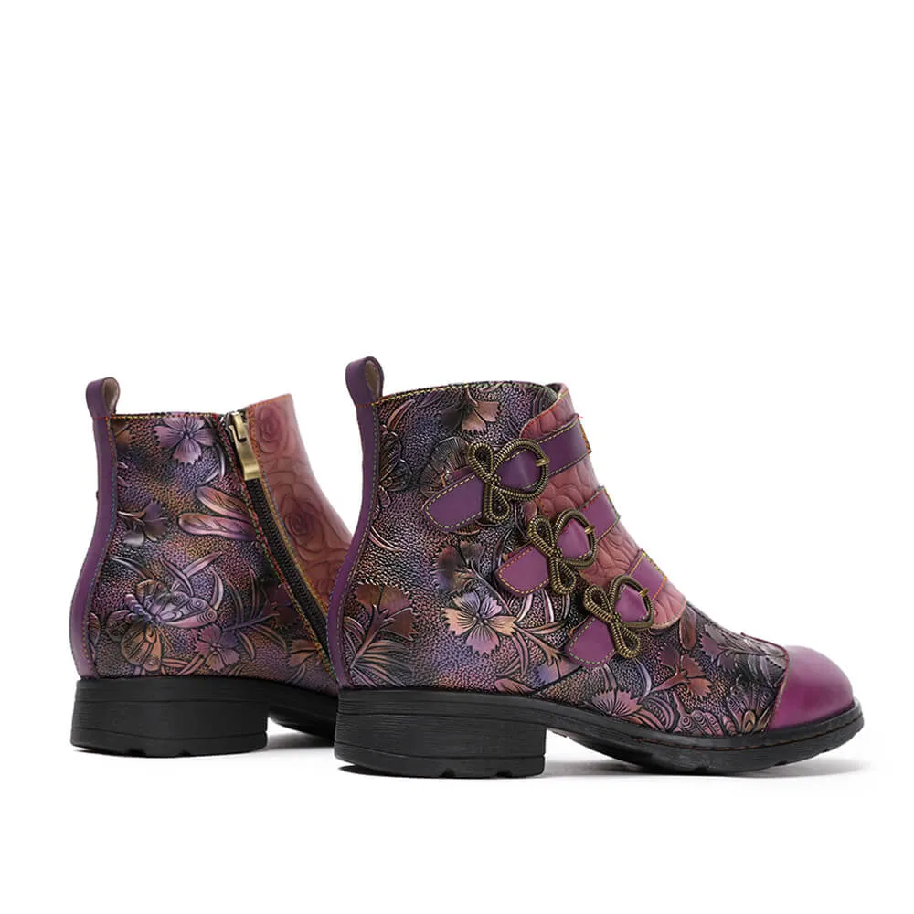 Retro Handmade Leather Painted Floral Flats Boots