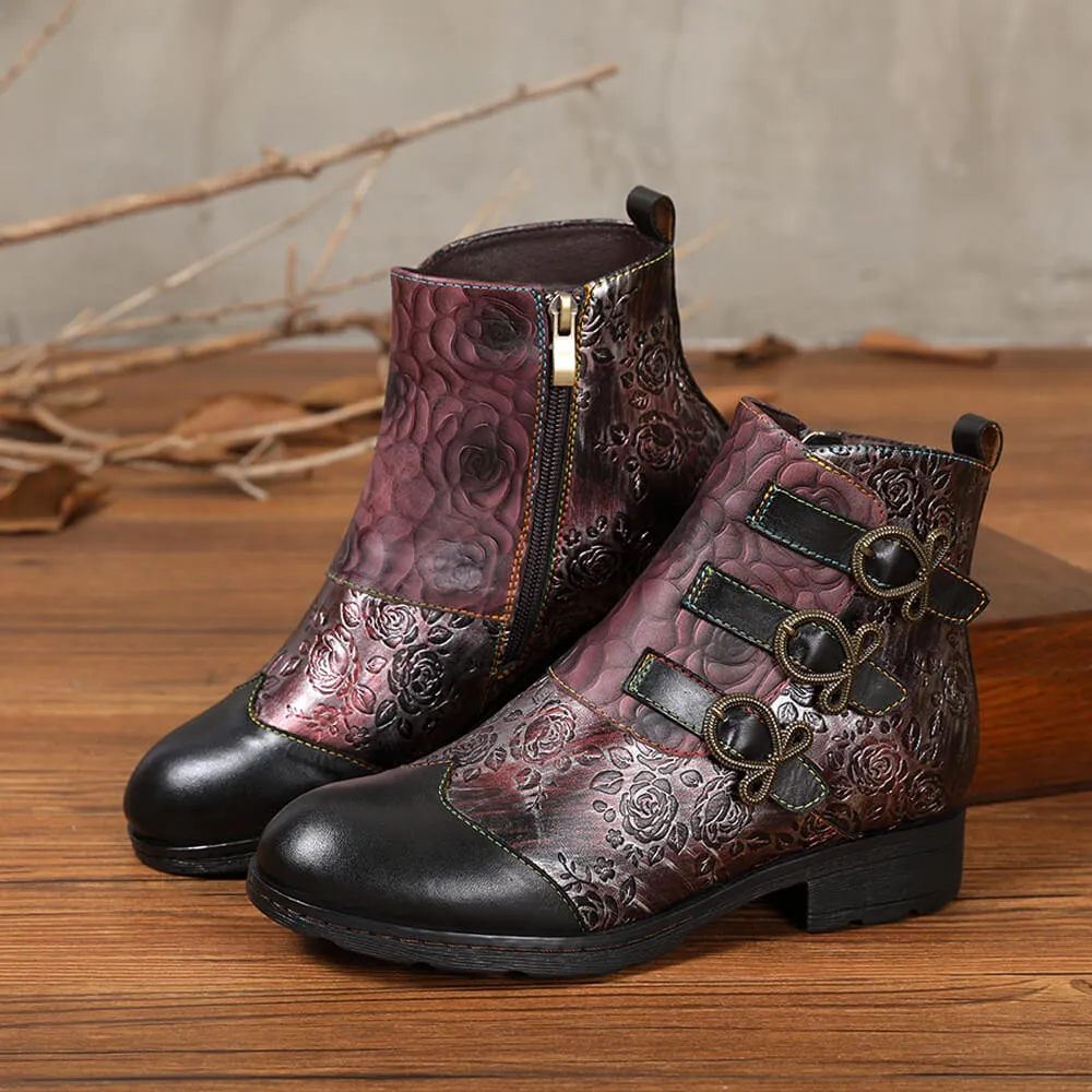 Retro Handmade Leather Painted Floral Flats Boots