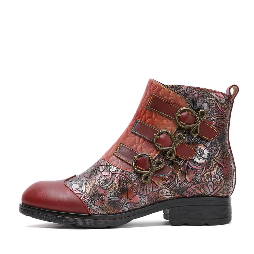 Retro Handmade Leather Painted Floral Flats Boots