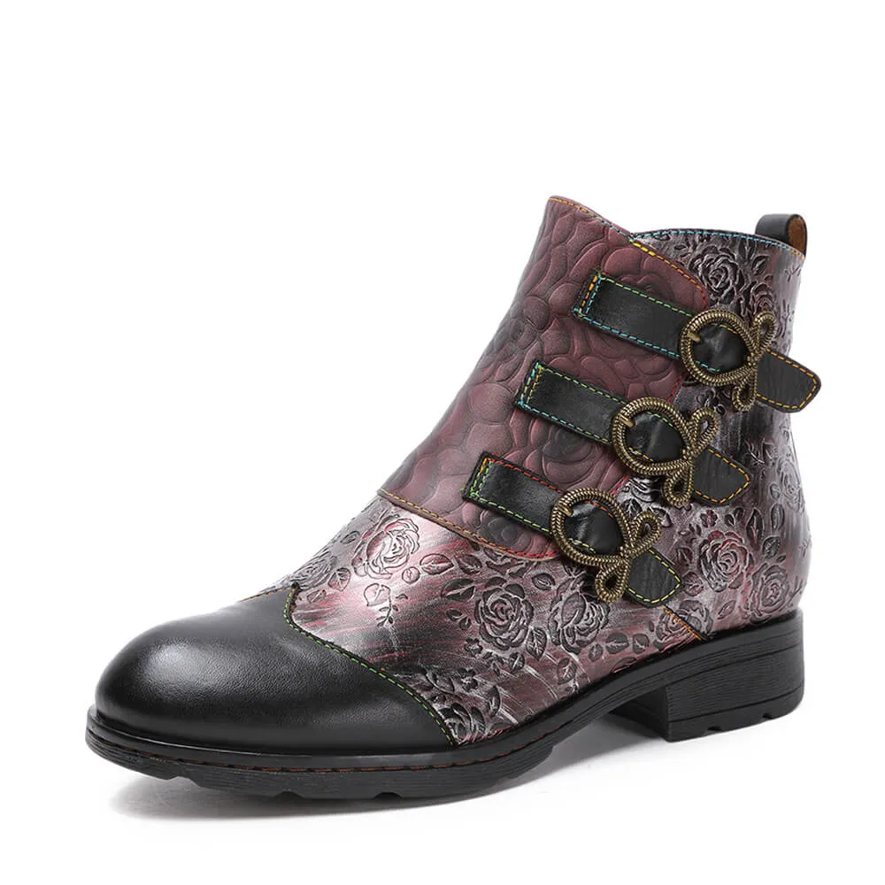 Retro Handmade Leather Painted Floral Flats Boots