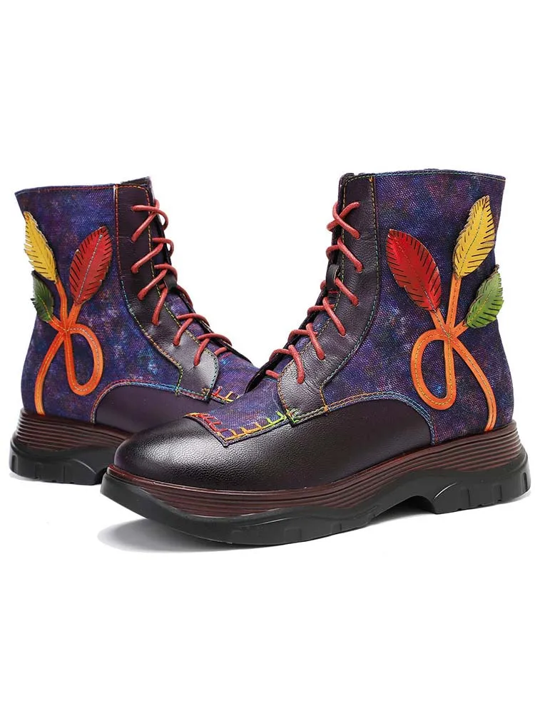 Retro Leather Patchwork Flower Casual Comfort Ankle Boots