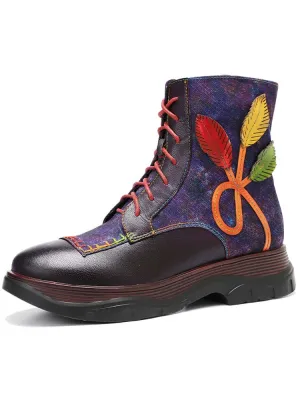 Retro Leather Patchwork Flower Casual Comfort Ankle Boots