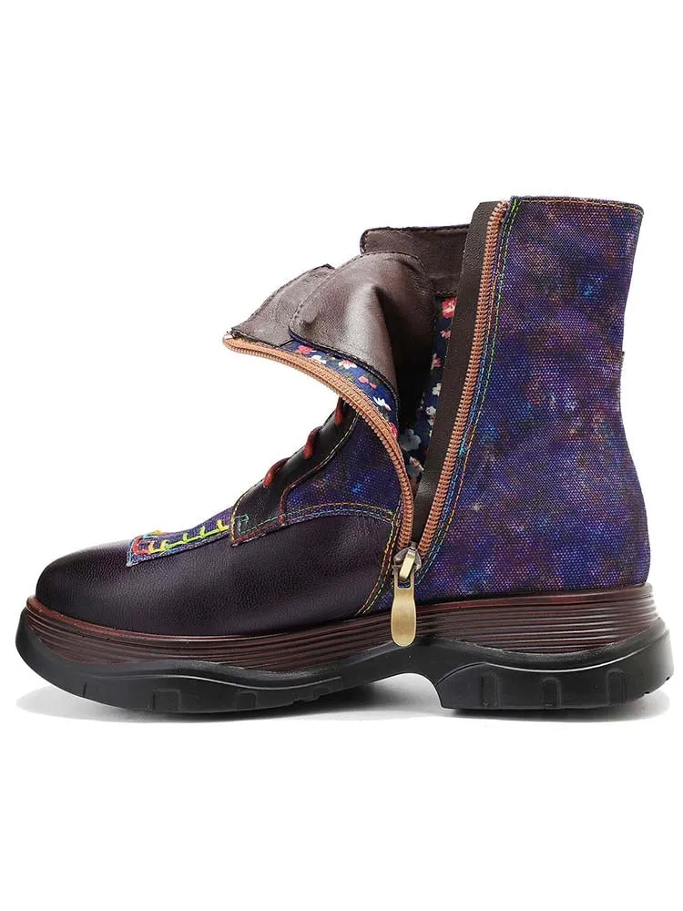 Retro Leather Patchwork Flower Casual Comfort Ankle Boots
