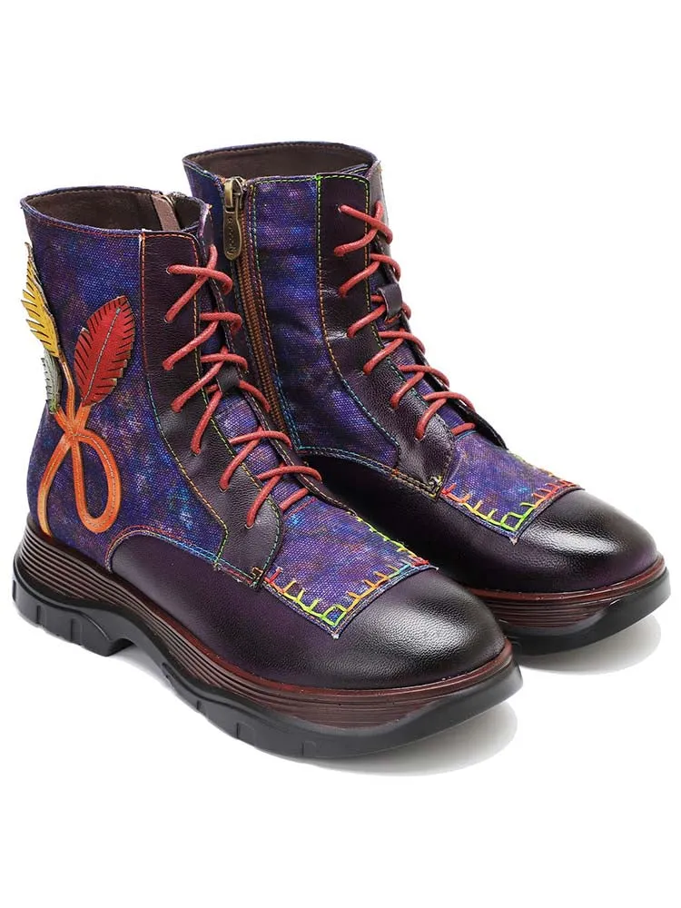 Retro Leather Patchwork Flower Casual Comfort Ankle Boots