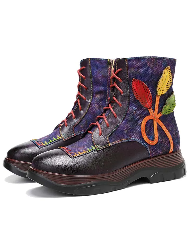Retro Leather Patchwork Flower Casual Comfort Ankle Boots