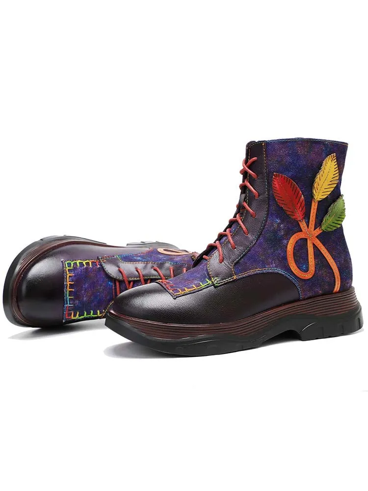 Retro Leather Patchwork Flower Casual Comfort Ankle Boots