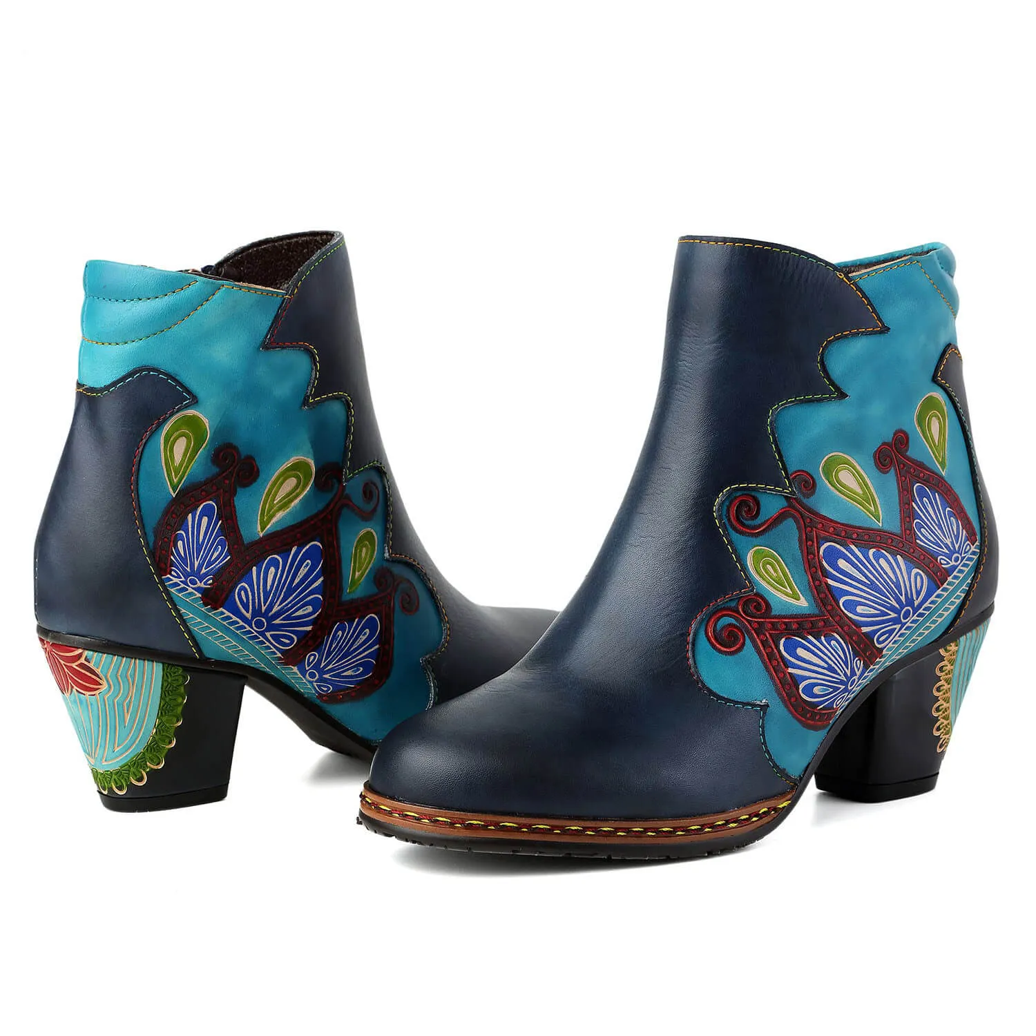 Retro Pattern Leather Zipper Ankle Boots