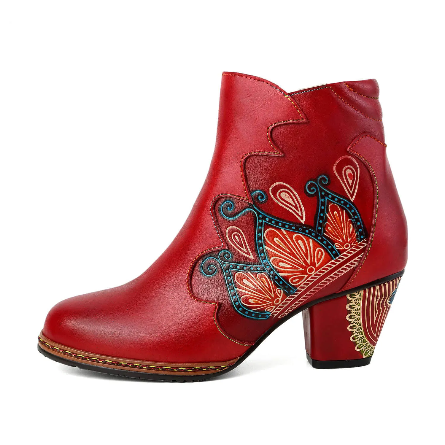 Retro Pattern Leather Zipper Ankle Boots