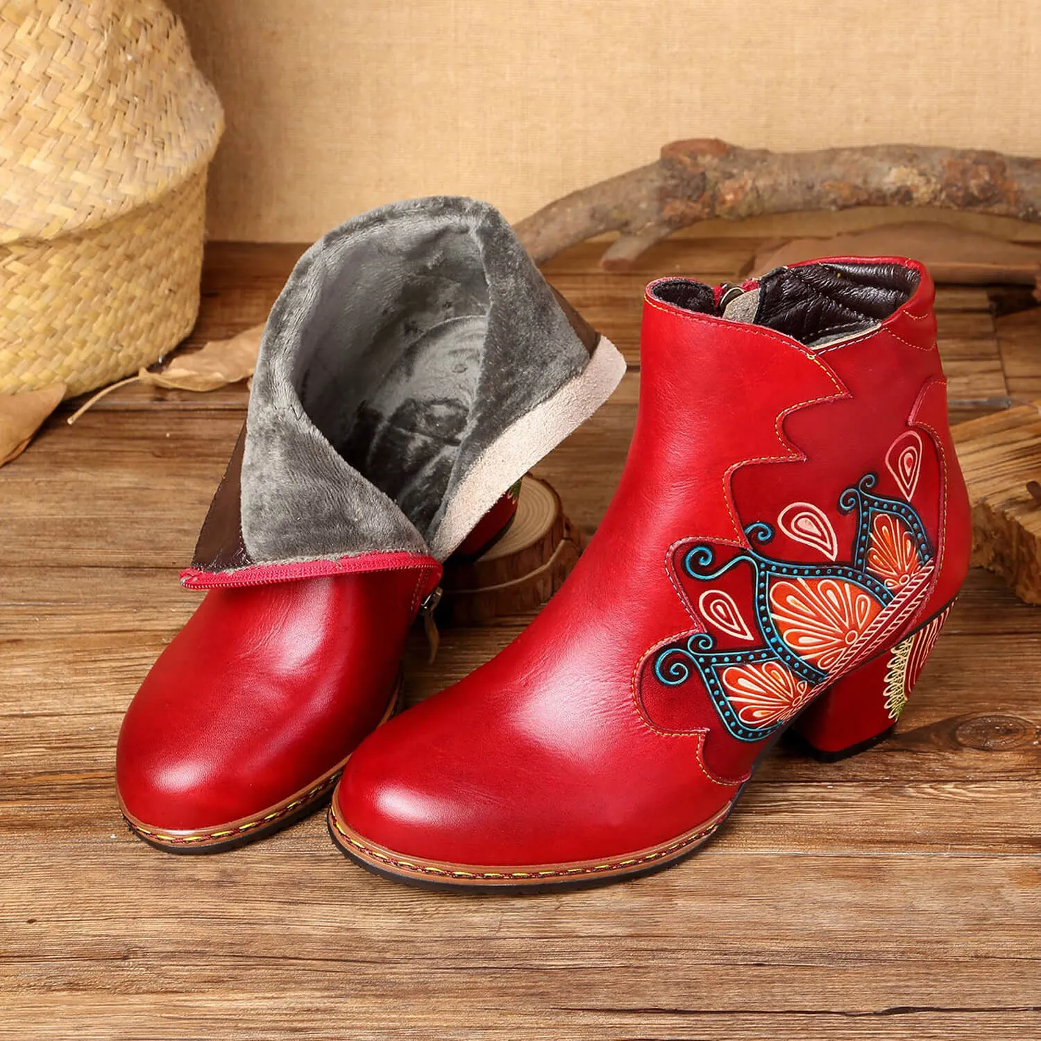 Retro Pattern Leather Zipper Ankle Boots