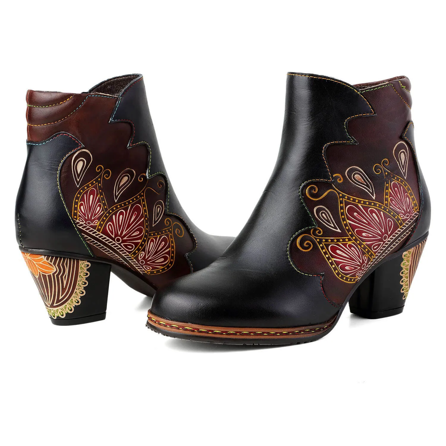 Retro Pattern Leather Zipper Ankle Boots