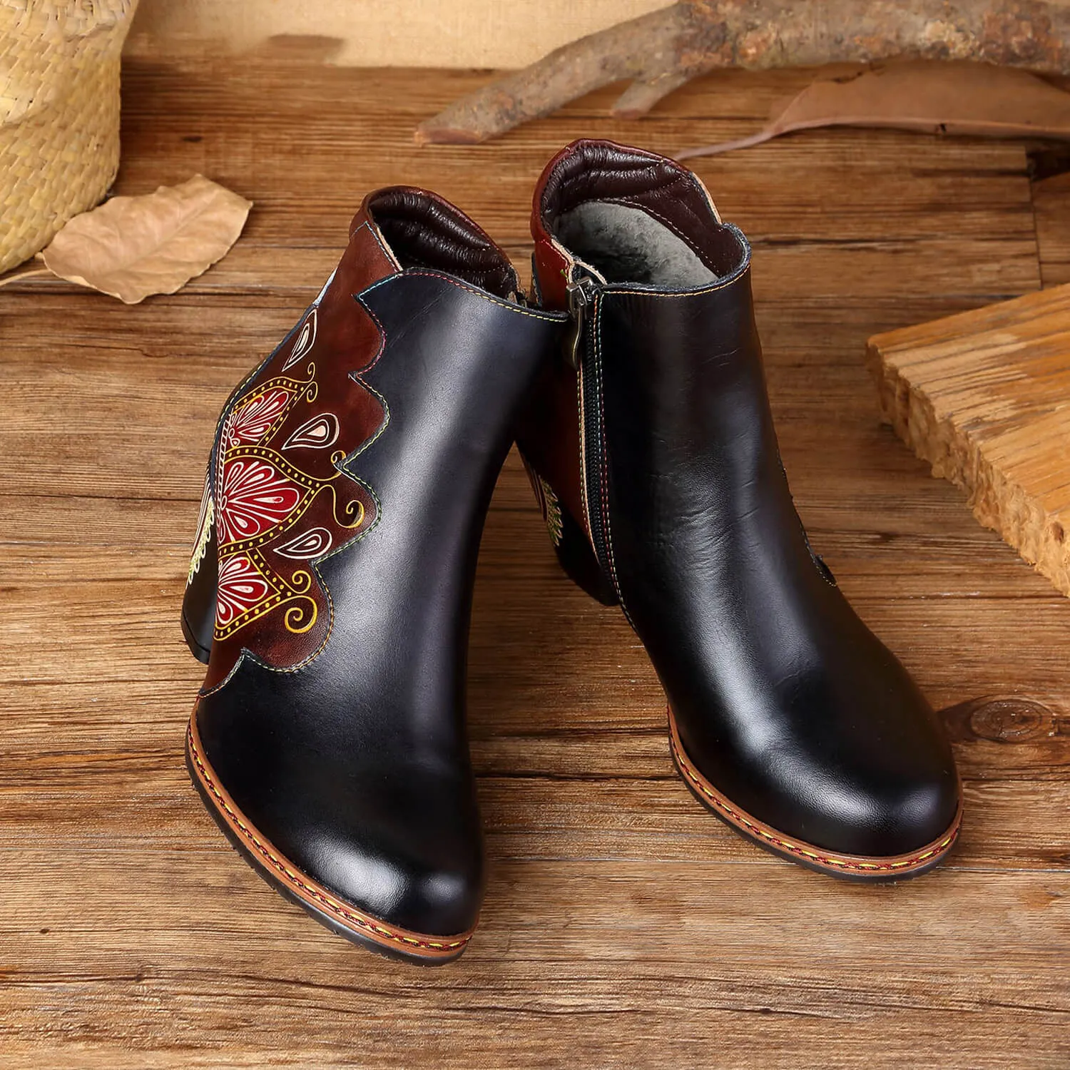 Retro Pattern Leather Zipper Ankle Boots