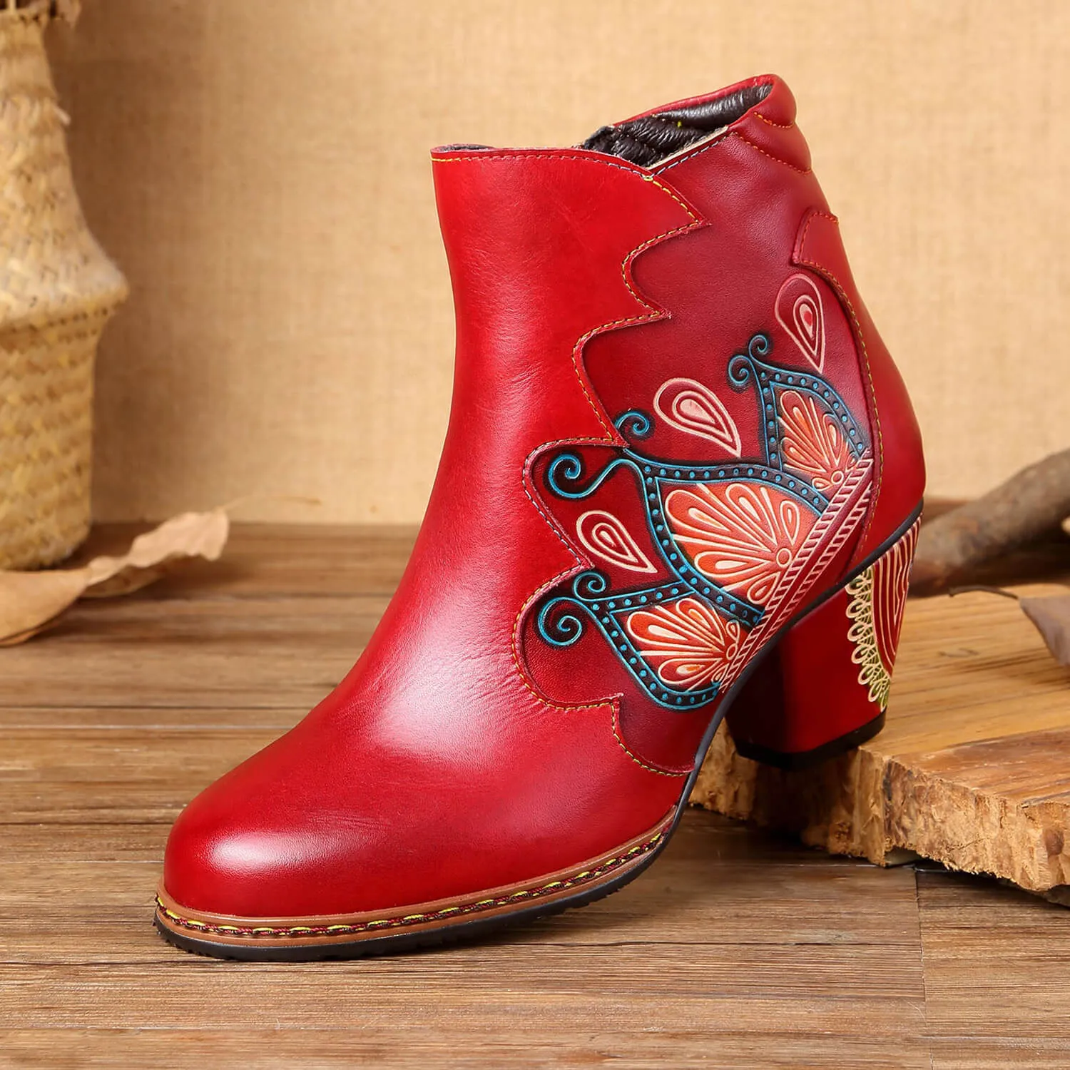 Retro Pattern Leather Zipper Ankle Boots