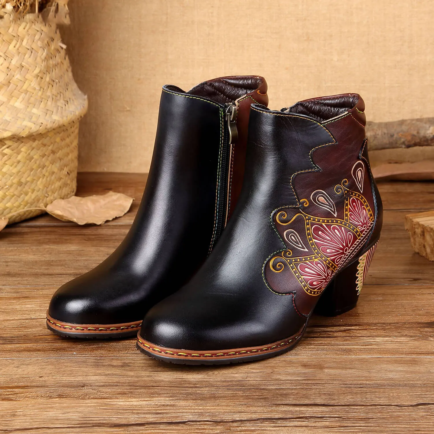 Retro Pattern Leather Zipper Ankle Boots