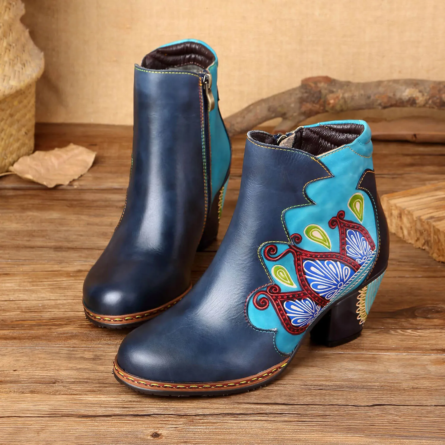 Retro Pattern Leather Zipper Ankle Boots
