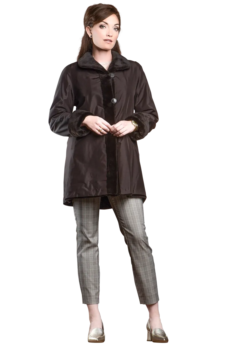 Reversible Sheared Mink Mid-Length Fur Coat - Wing Collar - TB Cuff