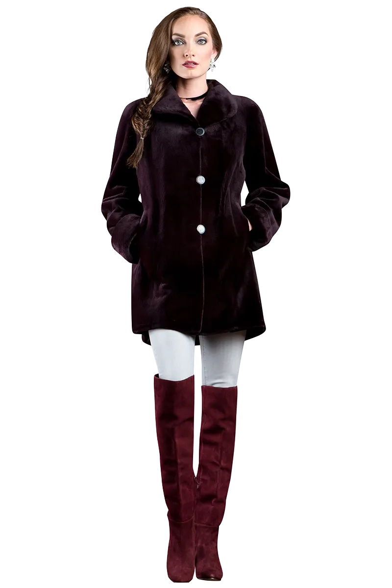 Reversible Sheared Mink Mid-Length Fur Coat - Wing Collar - TB Cuff