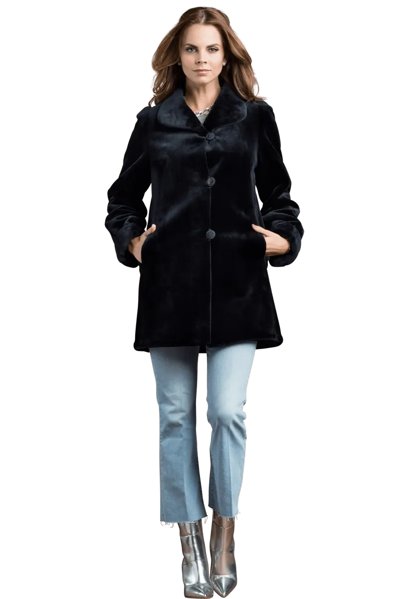Reversible Sheared Mink Mid-Length Fur Coat - Wing Collar - TB Cuff