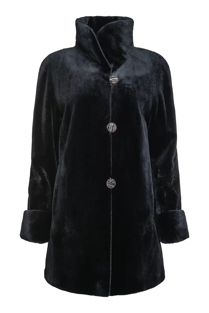 Reversible Sheared Mink Mid-Length Fur Coat - Wing Collar - TB Cuff