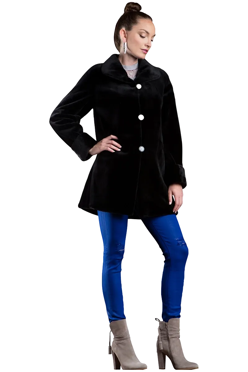 Reversible Sheared Mink Mid-Length Fur Coat - Wing Collar - TB Cuff