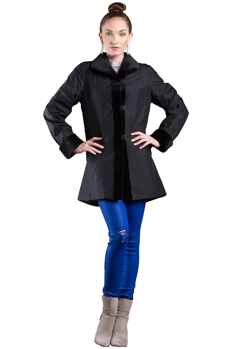 Reversible Sheared Mink Mid-Length Fur Coat - Wing Collar - TB Cuff