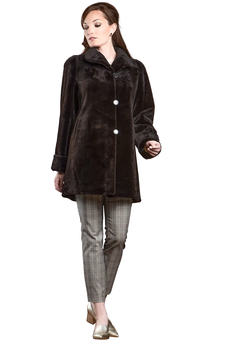 Reversible Sheared Mink Mid-Length Fur Coat - Wing Collar - TB Cuff