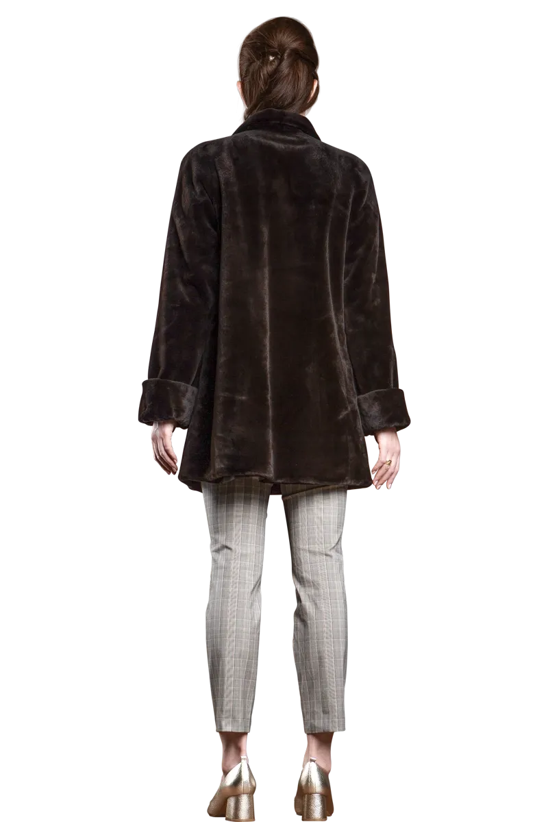 Reversible Sheared Mink Mid-Length Fur Coat - Wing Collar - TB Cuff
