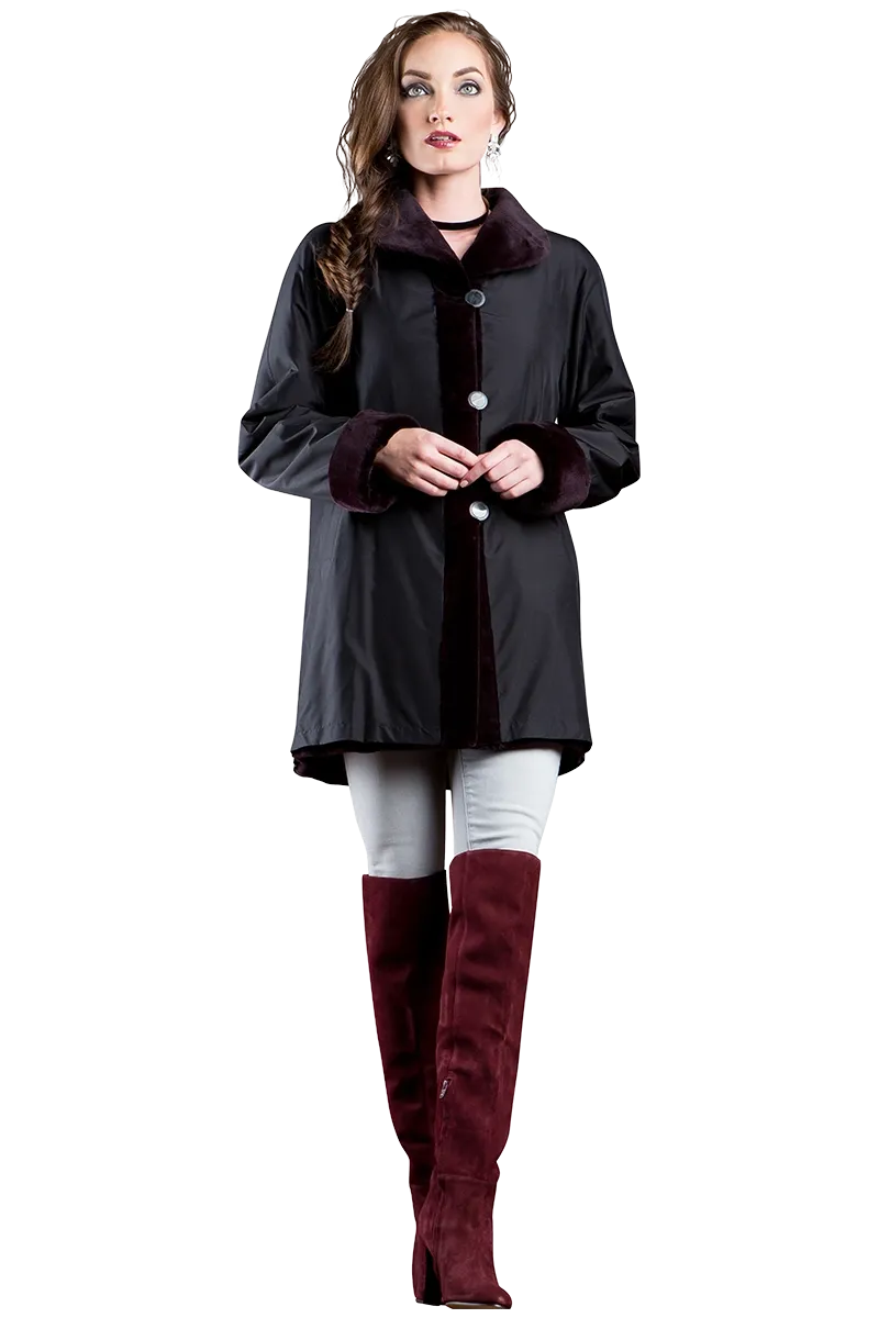 Reversible Sheared Mink Mid-Length Fur Coat - Wing Collar - TB Cuff