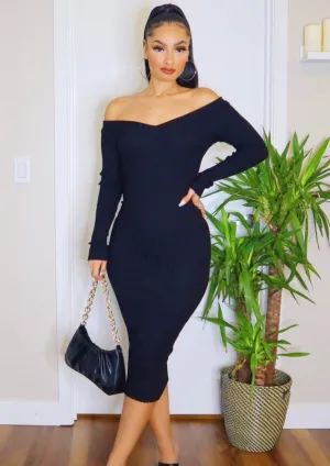 Ribbed Sweater Midi Dress (Black)