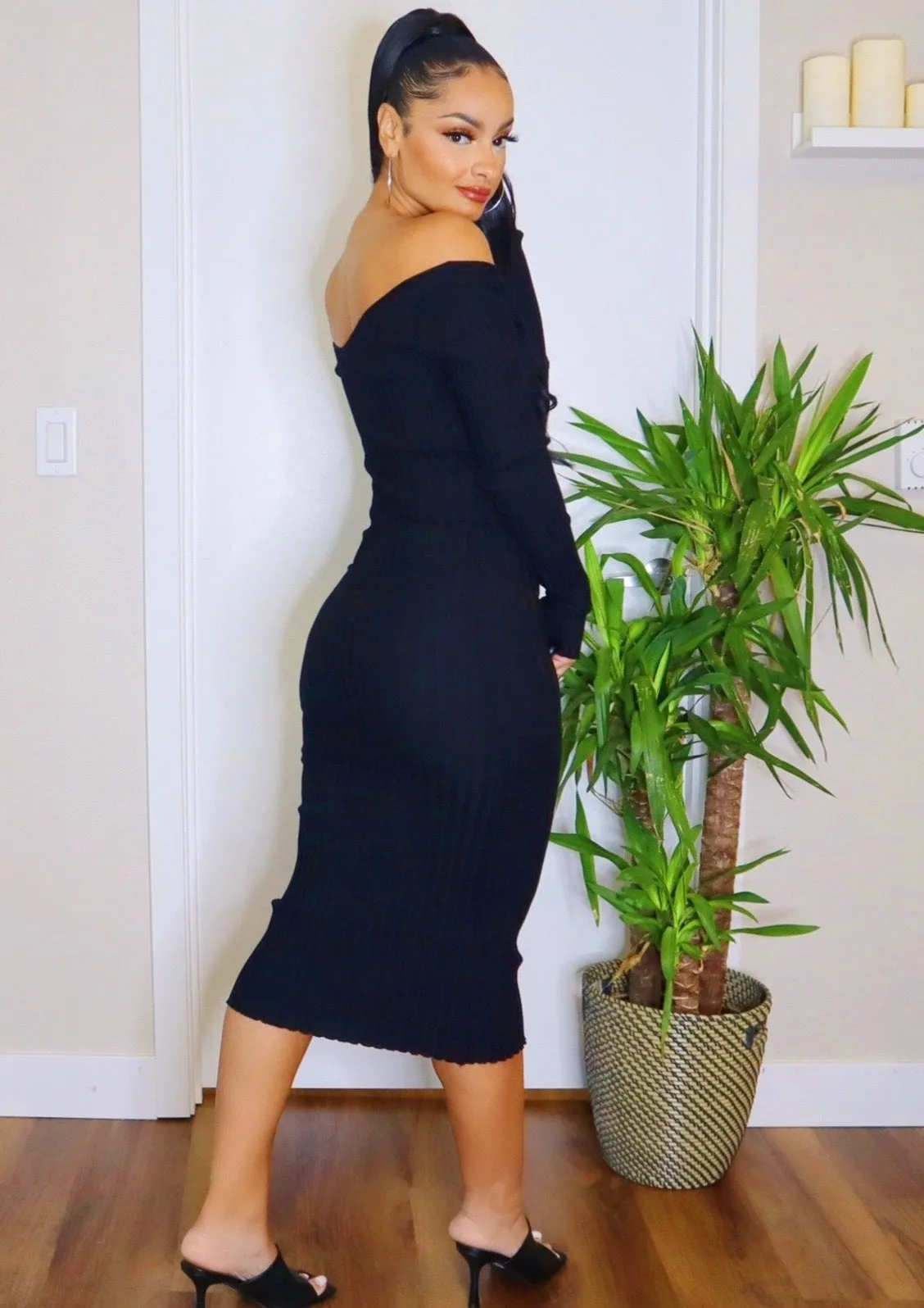 Ribbed Sweater Midi Dress (Black)