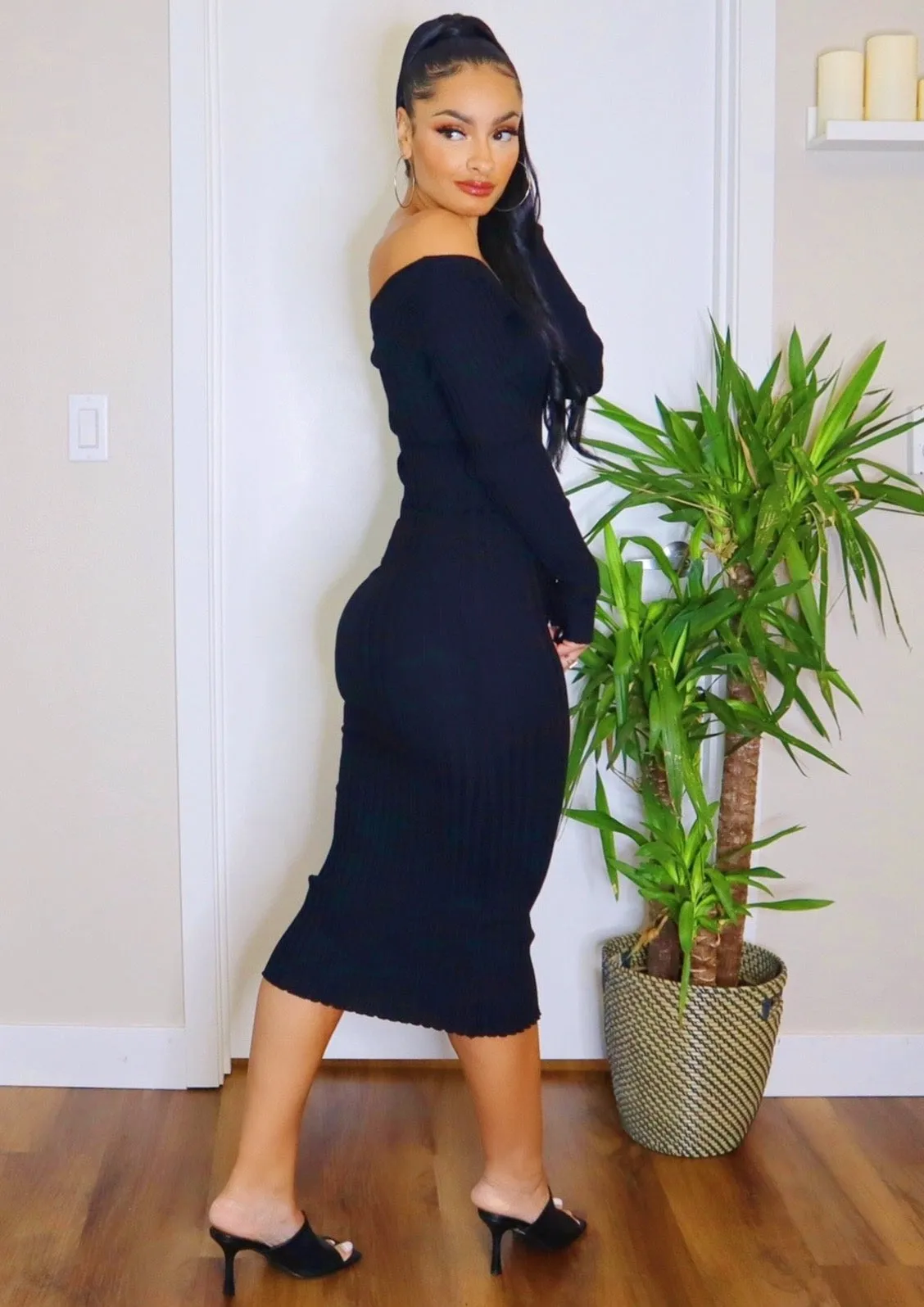 Ribbed Sweater Midi Dress (Black)