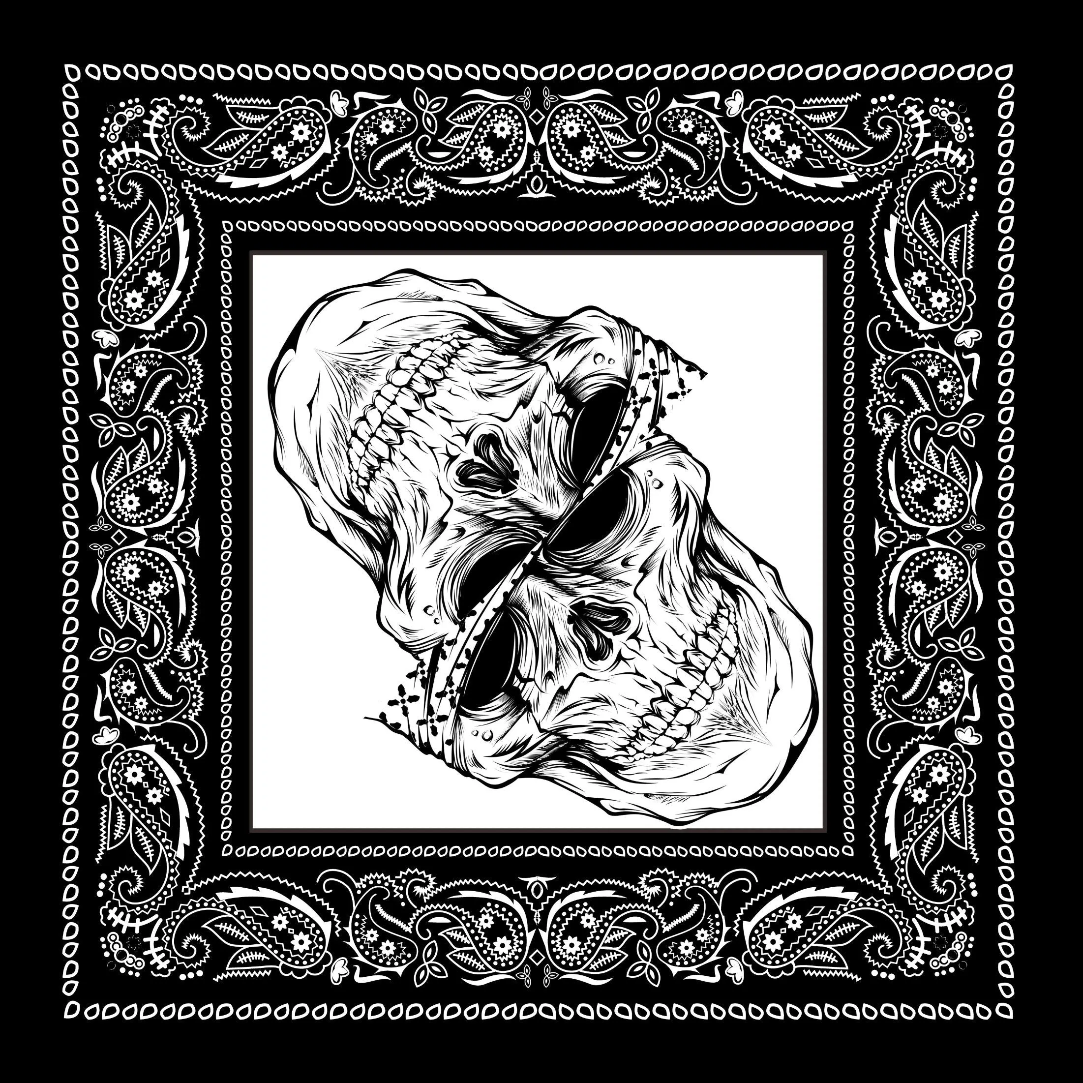 Rock and Goth Style Black Skulls and Paisley Border Bandana