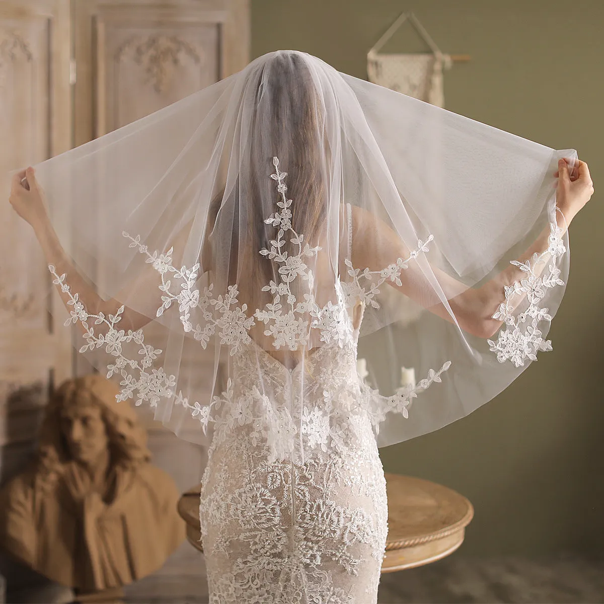 Roycebridal Lace Appliqued Blusher Veil Waist Length