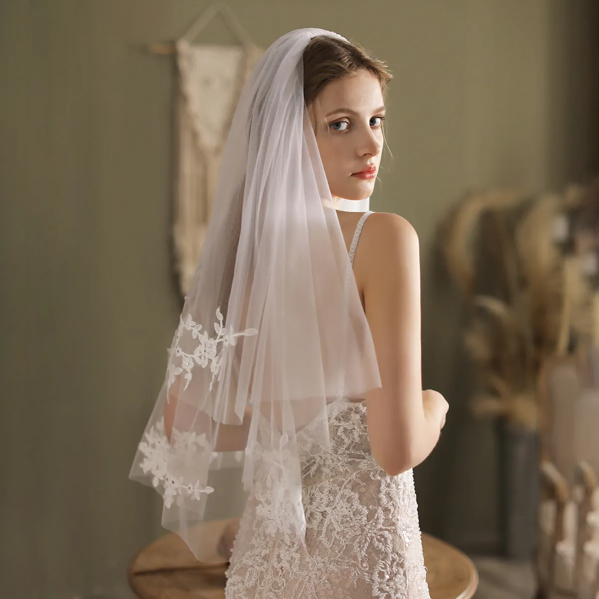 Roycebridal Lace Appliqued Blusher Veil Waist Length