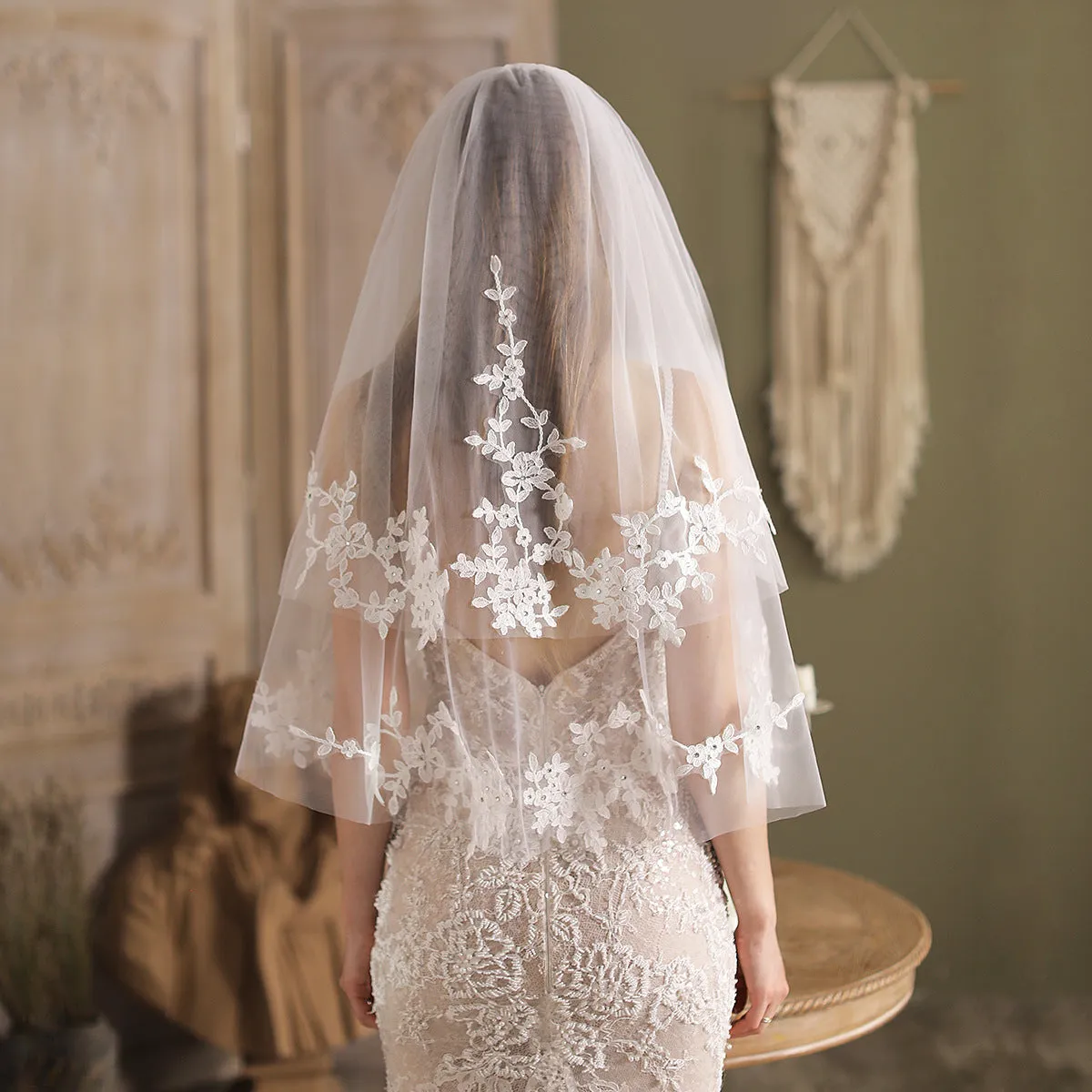Roycebridal Lace Appliqued Blusher Veil Waist Length