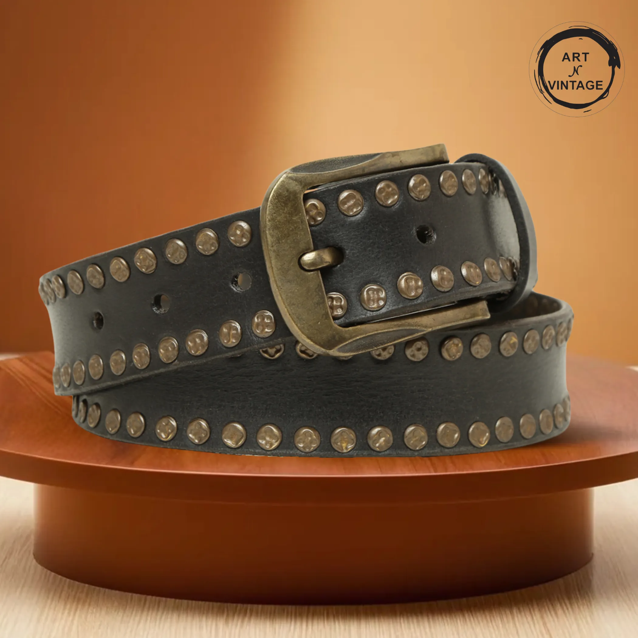 Rustic Rebel: Black Genuine Leather Studded Men's Belt - Stylish & Durable by Art N Vintage