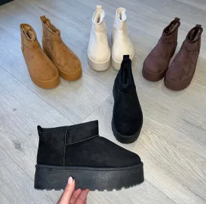 SALE Platform ultra low mini faux fur lined boots - black