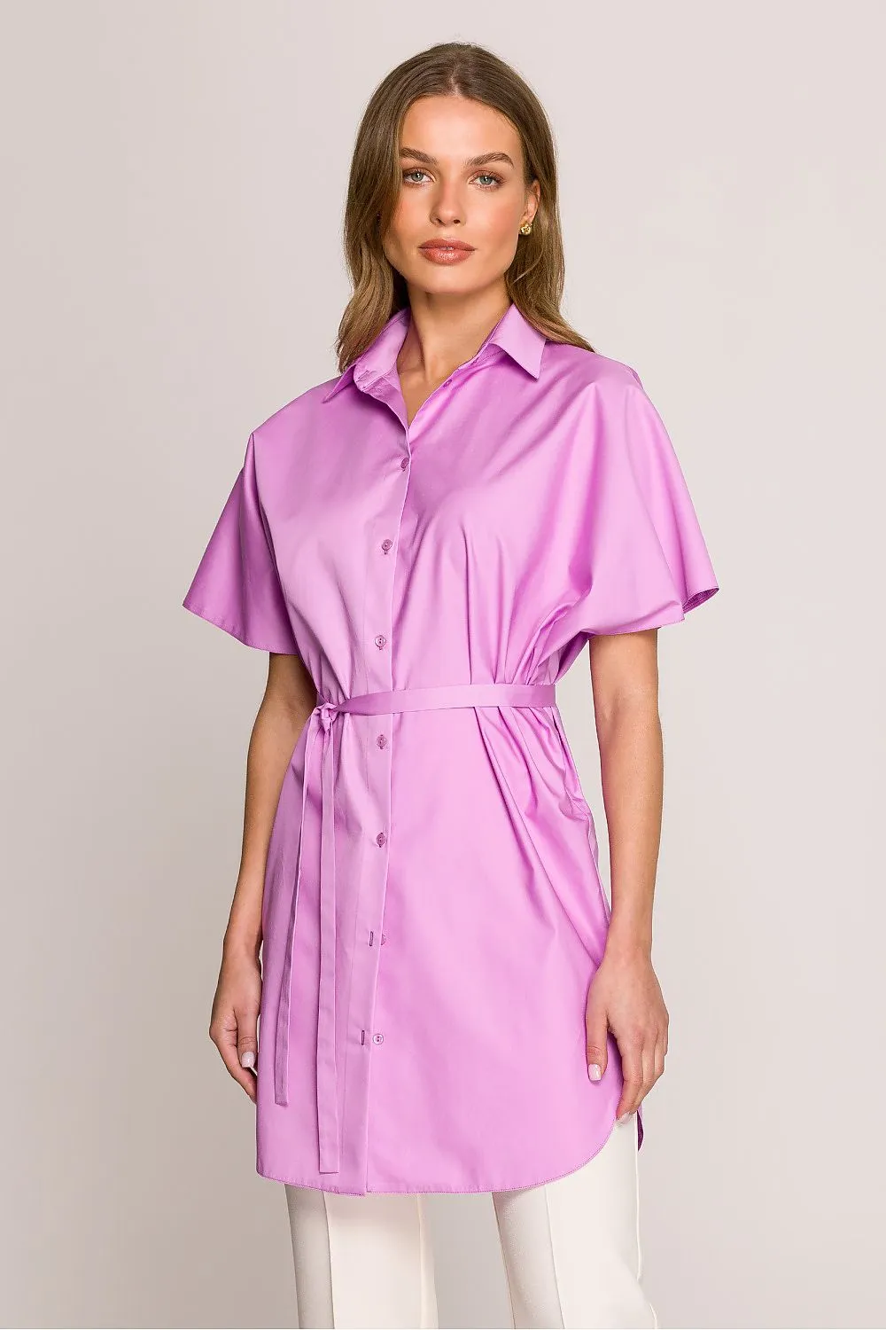 Shirt Dress Cotton Modern Button-Up Belted Short Sleeve Dress