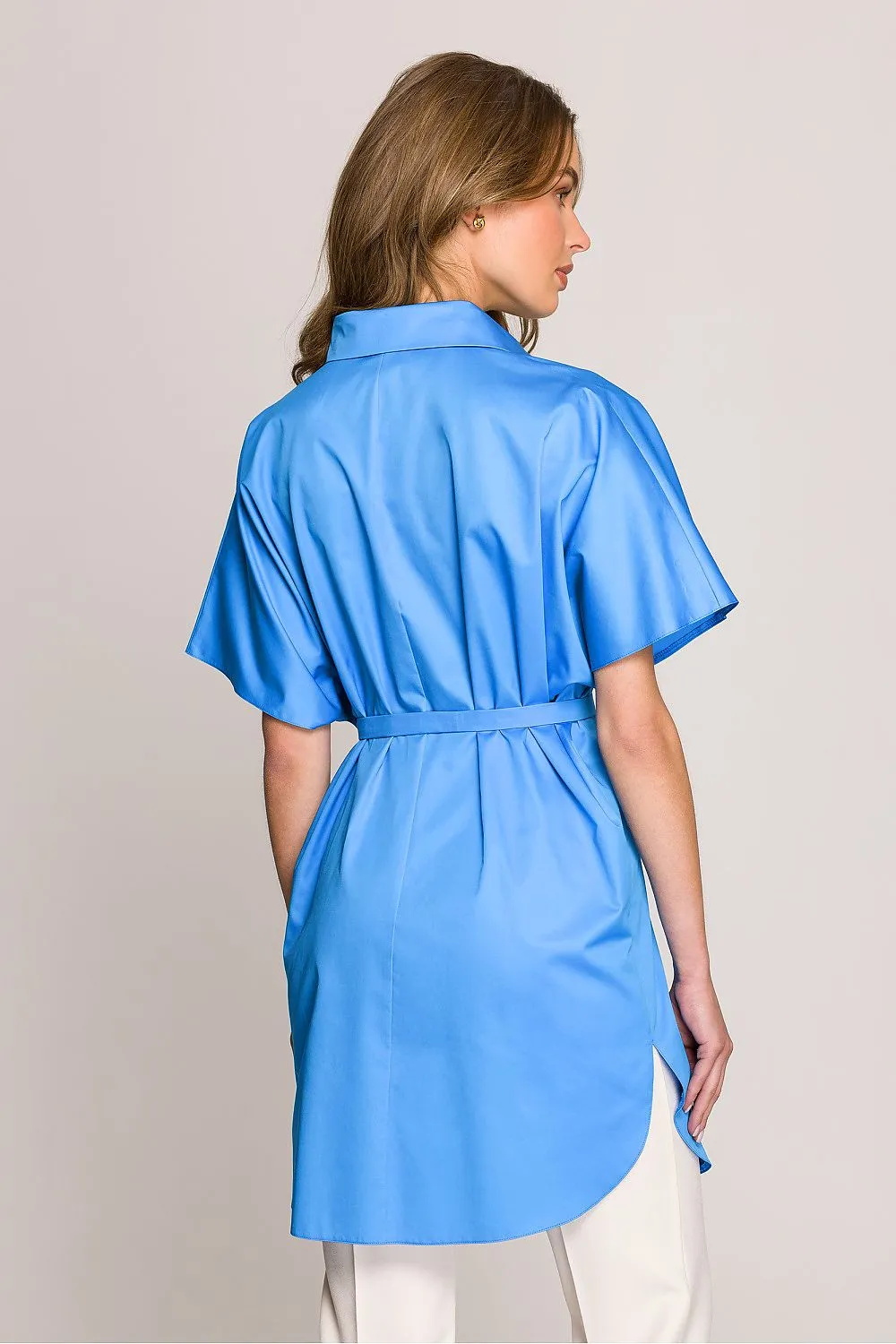 Shirt Dress Cotton Modern Button-Up Belted Short Sleeve Dress