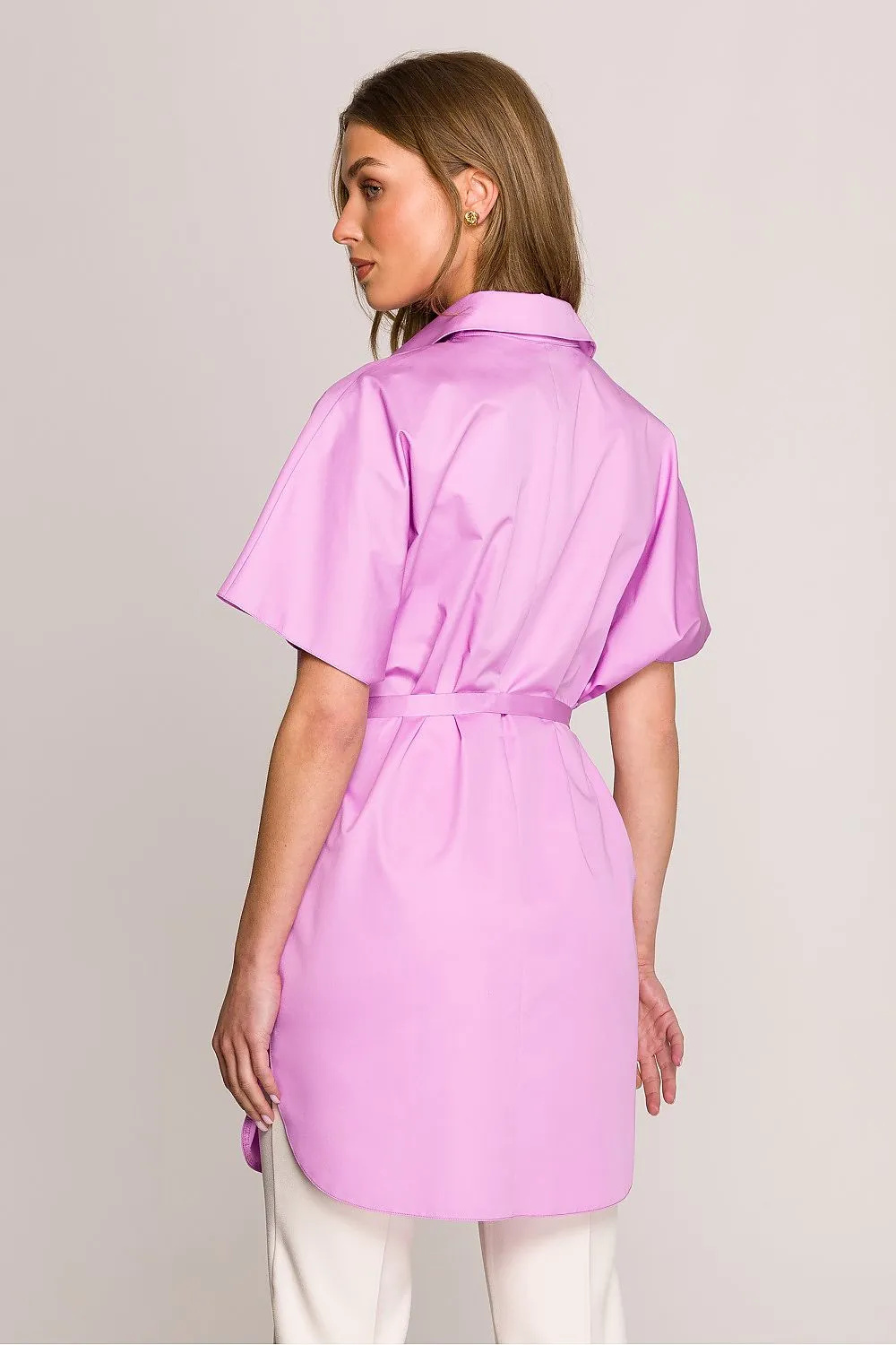 Shirt Dress Cotton Modern Button-Up Belted Short Sleeve Dress