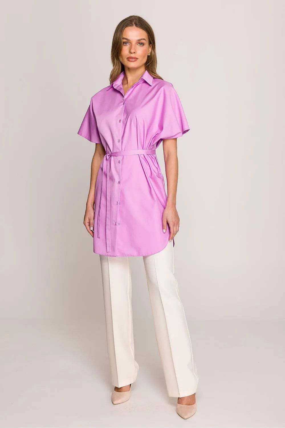 Shirt Dress Cotton Modern Button-Up Belted Short Sleeve Dress
