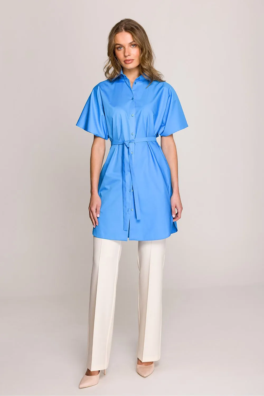 Shirt Dress Cotton Modern Button-Up Belted Short Sleeve Dress
