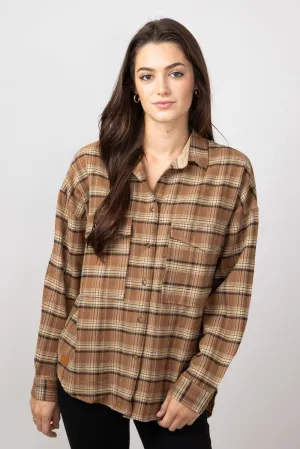 Simply Southern Plaid Button Up Shirt for Women in Tan | PP-0224-SHKT-PLD-TAN