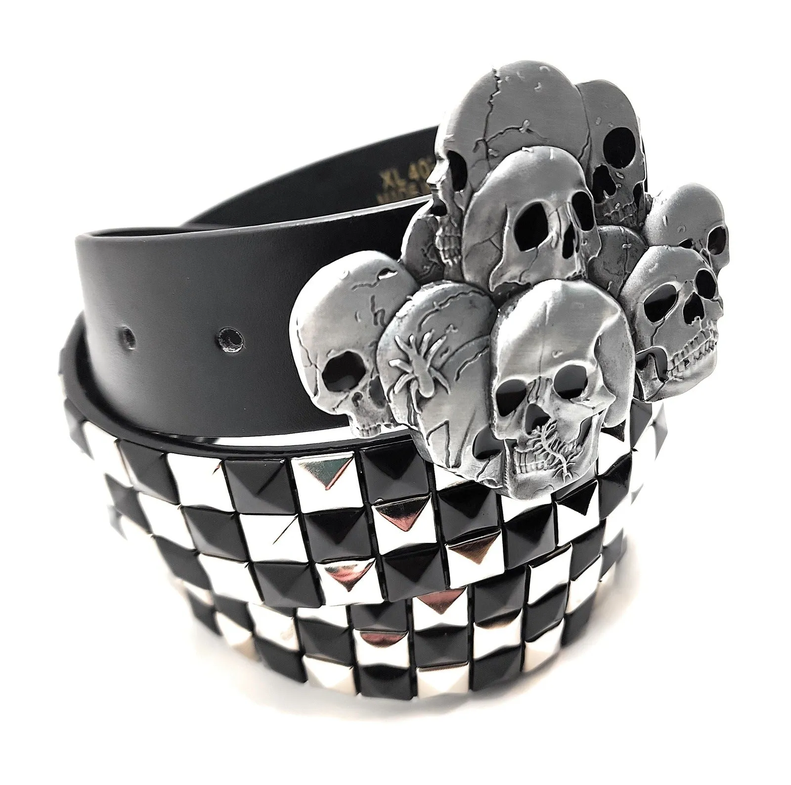 Skull Pile Belt Buckle and Chrome Black Pyramid Studded Leather Belt