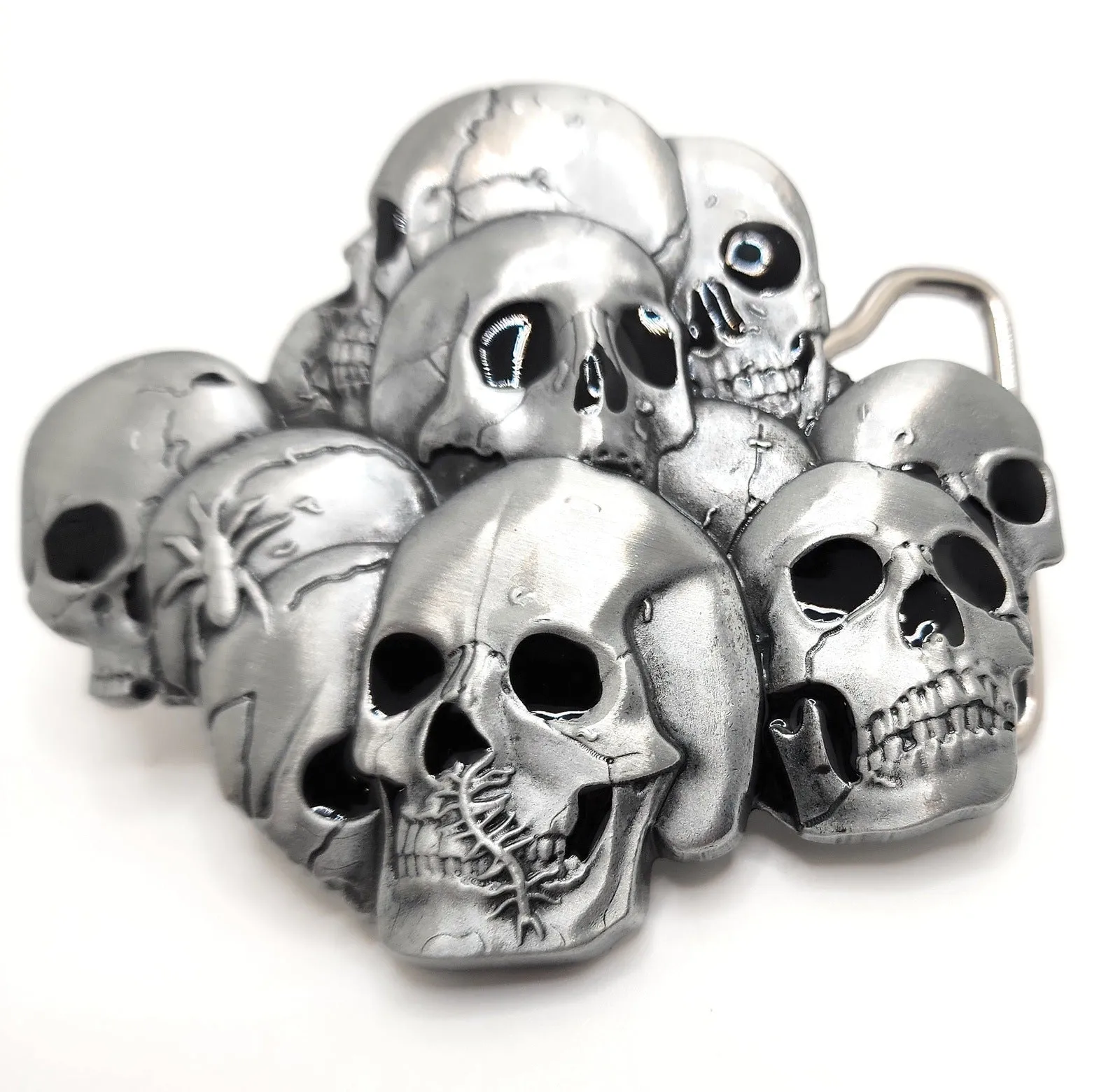 Skull Pile Belt Buckle and Chrome Black Pyramid Studded Leather Belt