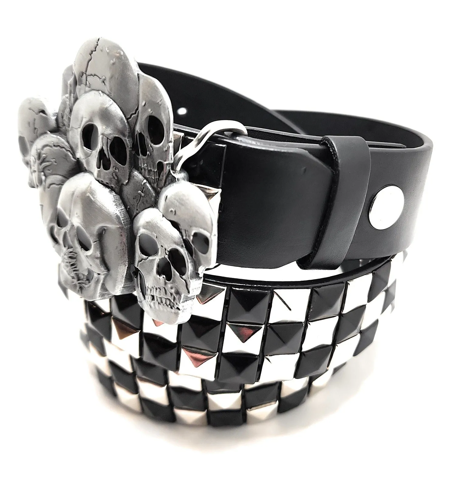 Skull Pile Belt Buckle and Chrome Black Pyramid Studded Leather Belt