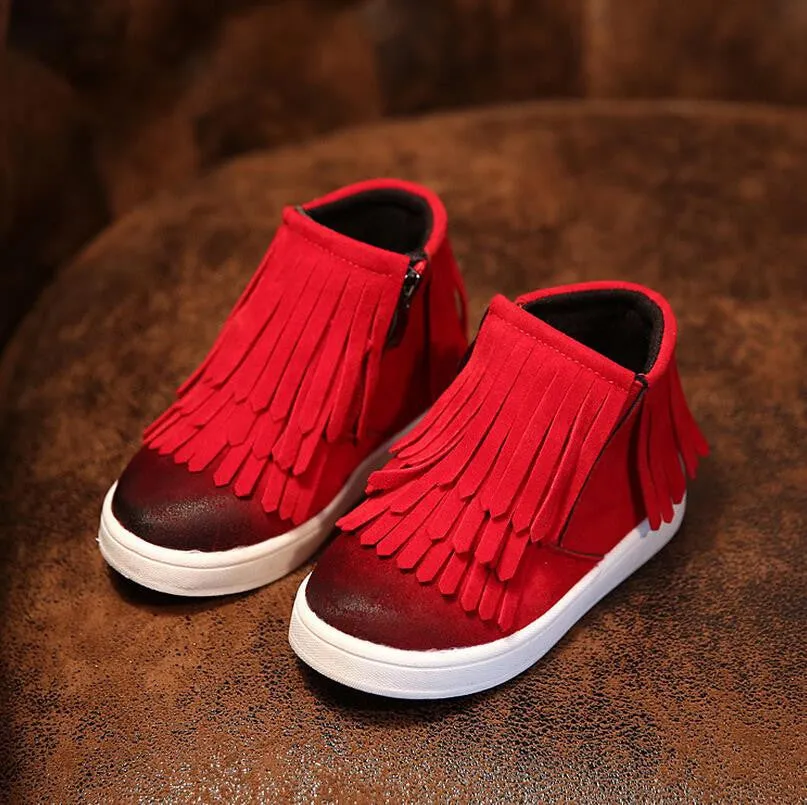 Spring Autumn Winter child/girl/kid motorcycle boots nubuck leather martin boots fringe flats shoes zip solid color short boots