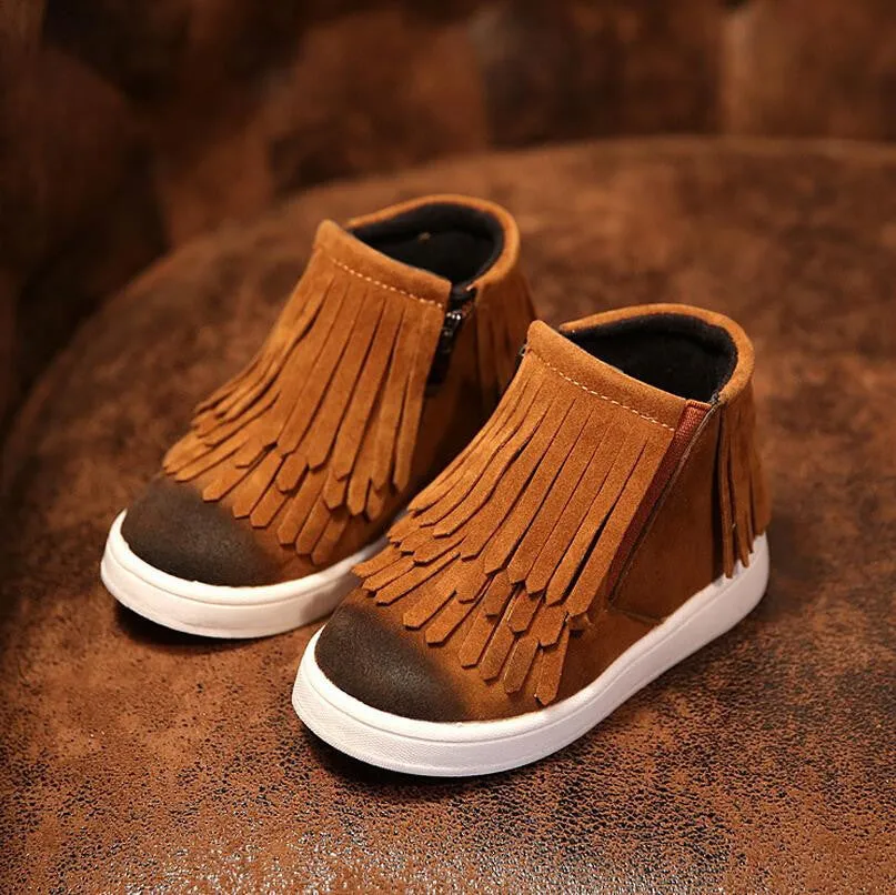 Spring Autumn Winter child/girl/kid motorcycle boots nubuck leather martin boots fringe flats shoes zip solid color short boots