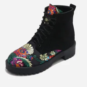 Spring Fashion Flower Embroidery Lace Up Ankle Boots