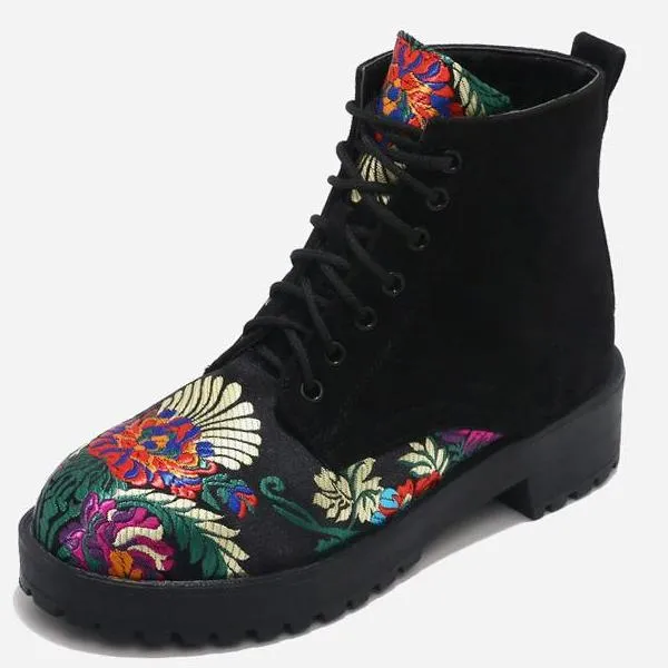 Spring Fashion Flower Embroidery Lace Up Ankle Boots