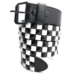 Stitched Black White Checkered Leather Belt Punk